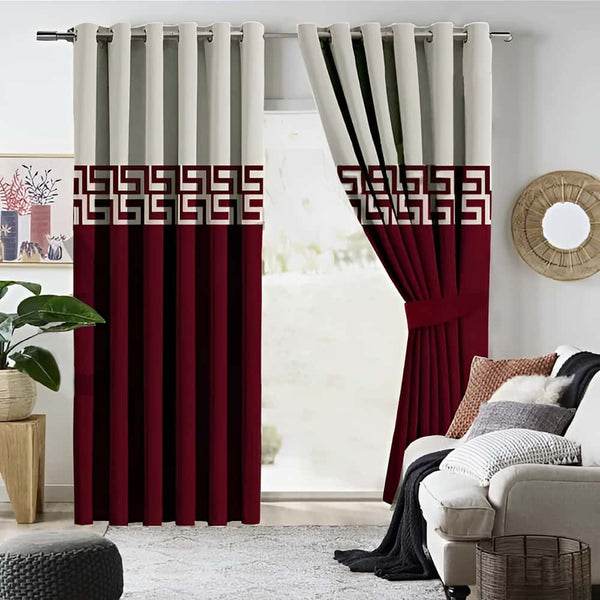 2 Tone Luxury Curtain - Off White/Maroon
