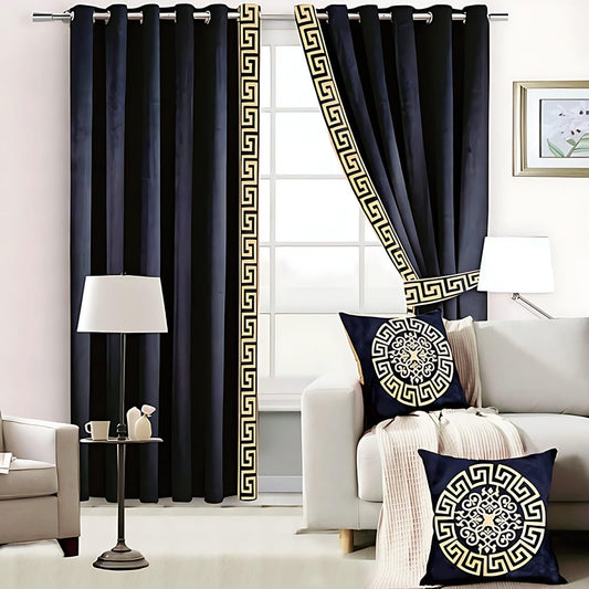2 Pieces Premium Splendid Velvet Curtain Panels & 2 Belts - Black