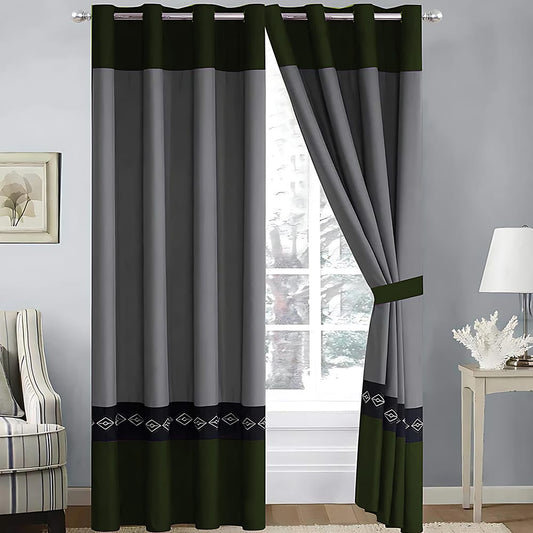 2 Pieces Elegant Embroidered Curtains - Grey & Green