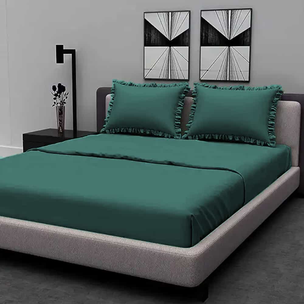Rich Cotton Fitted Sheet with Ruffle Pillow covers - Teal