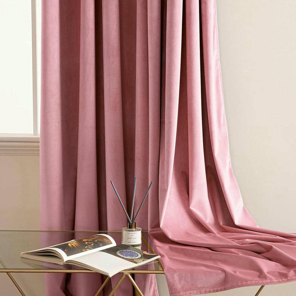 2 Pieces Plain Dyed Velvet Eyelet Curtains - Baby Pink