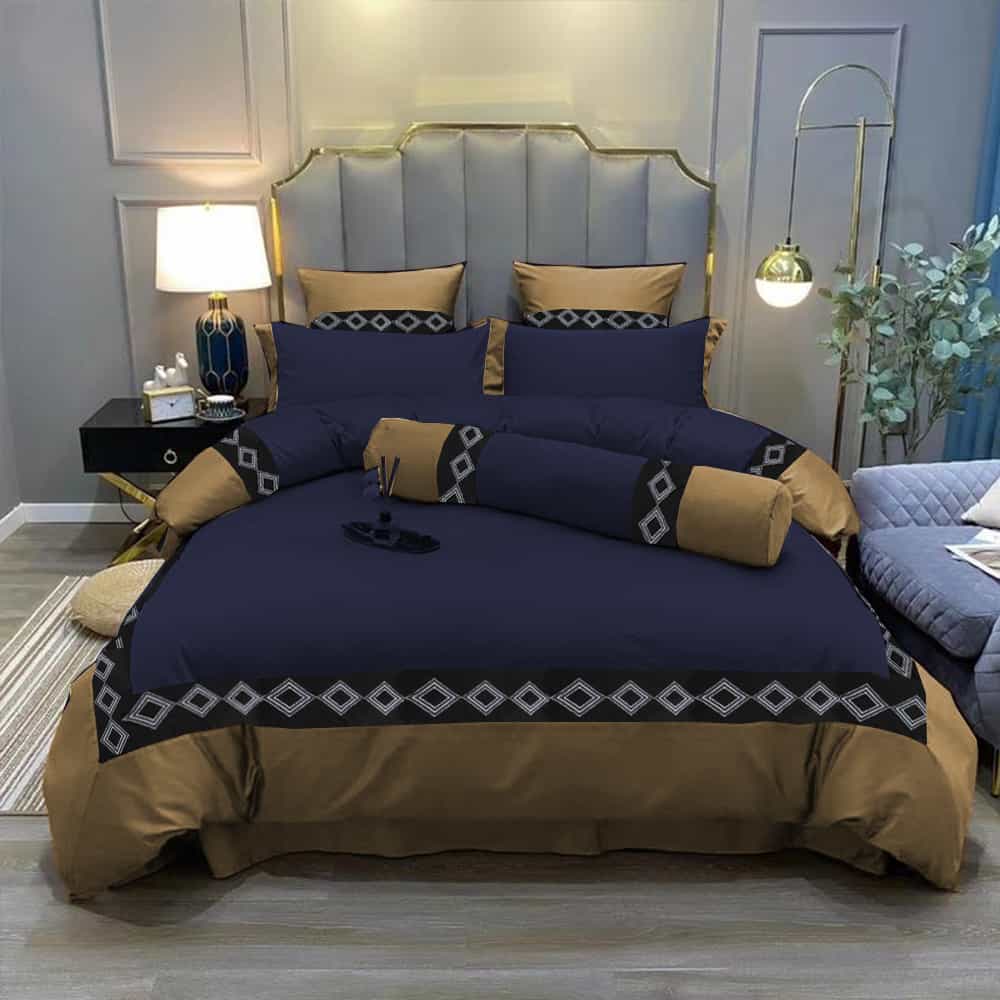 Embroidered Duvet Set - Golden & Navy Blue