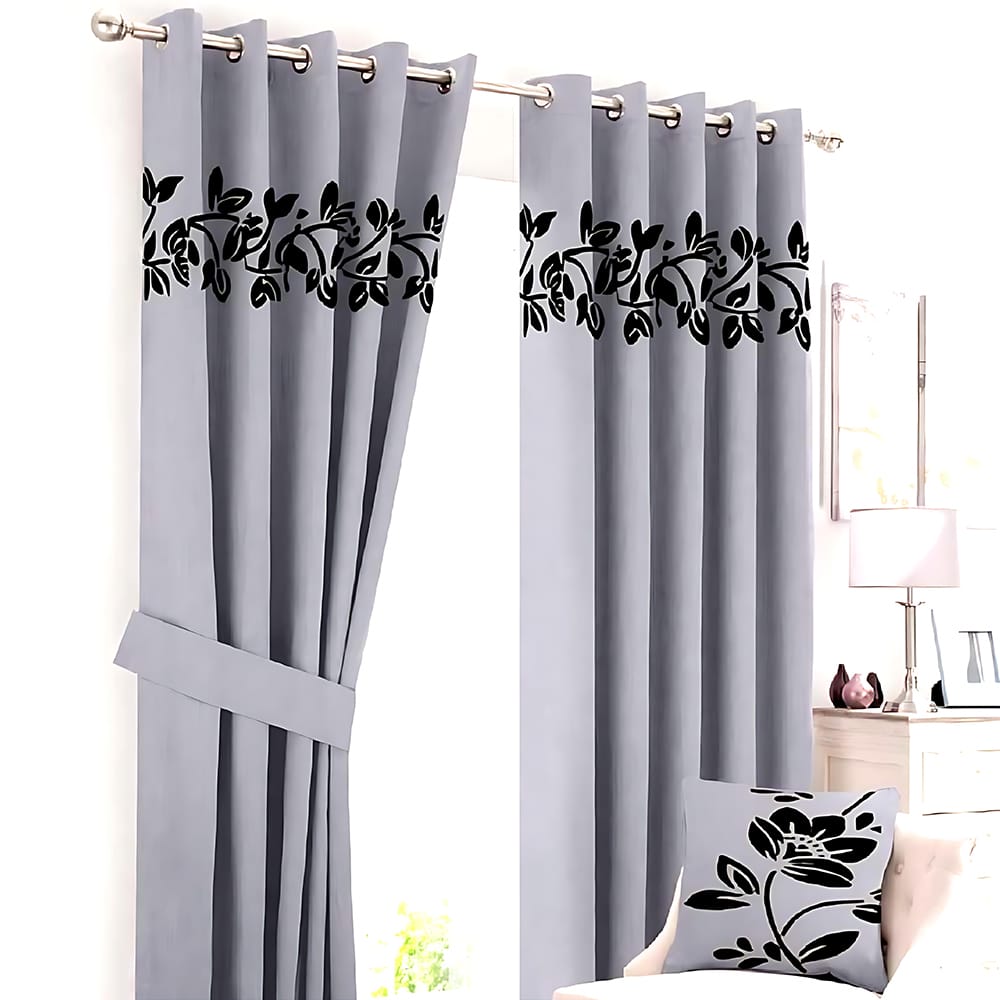 2 Pieces Luxury Floral Velvet Curtains Grey