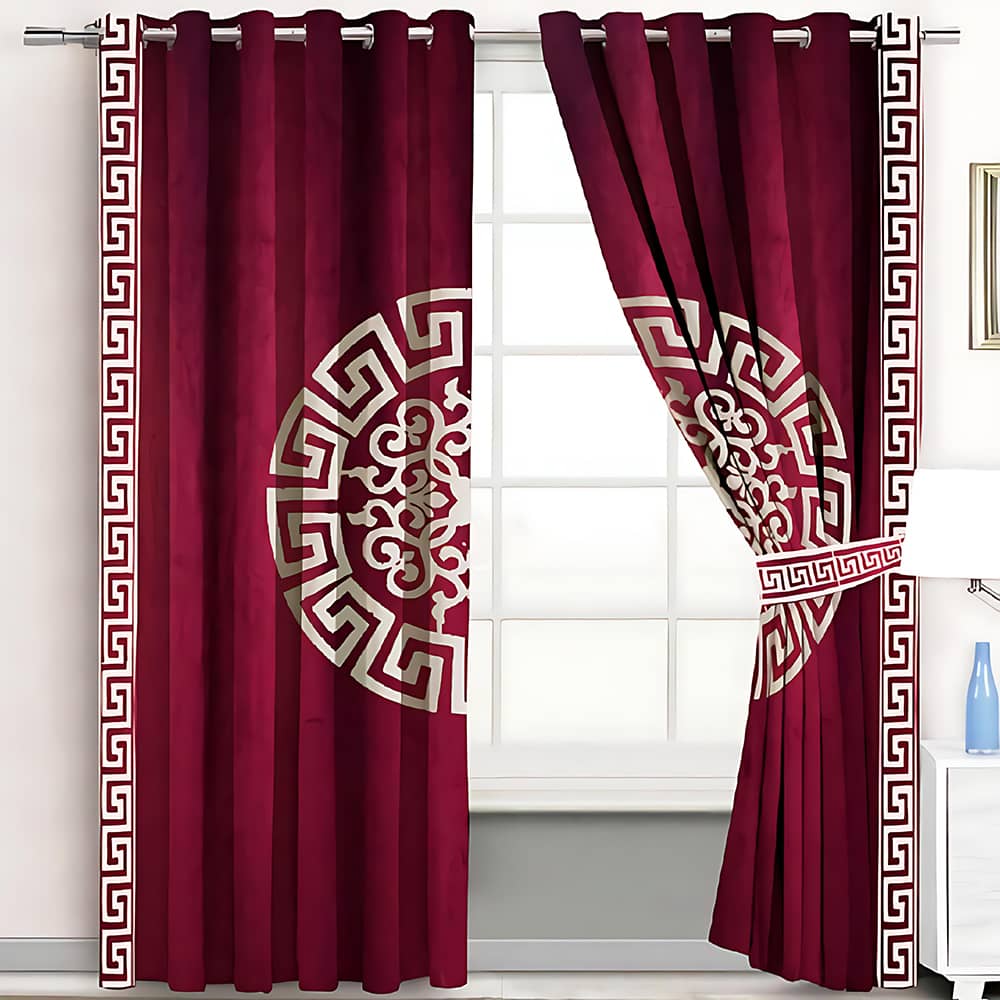 2 Pieces Premium splendid velvet curtain Panels & 2 Belts (Maroon & White)