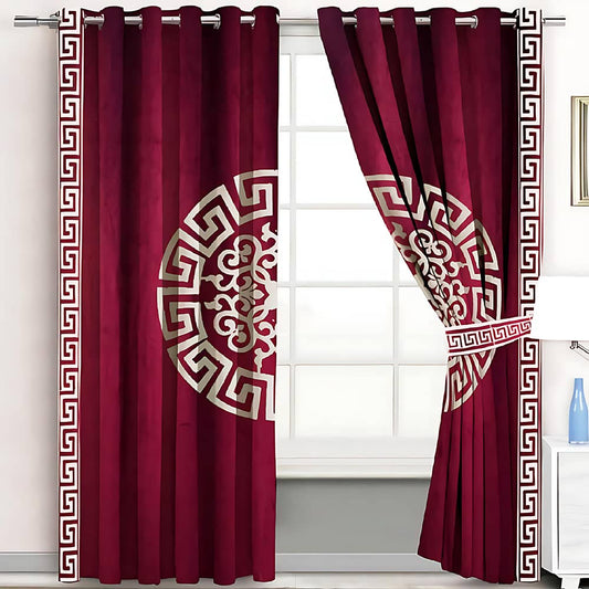 2 Pieces Premium splendid velvet curtain Panels & 2 Belts (Maroon & White)