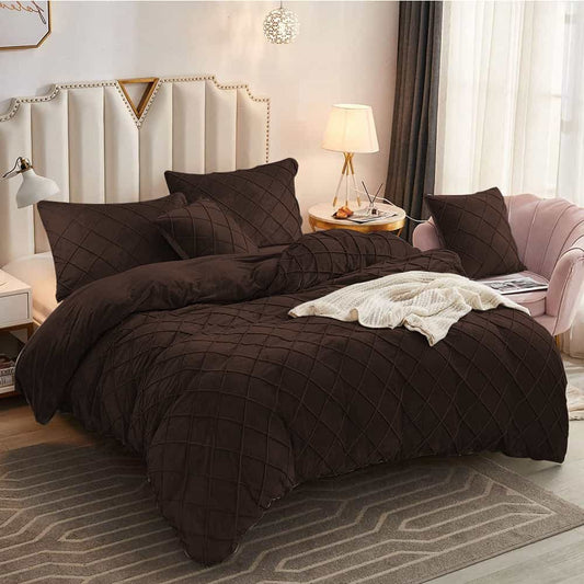 Velvet Cross Pleated Duvet Set - Chocolate