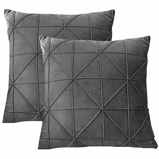Pack of 2 Velvet Decorative Cross Pleated Square Cushion - Grey