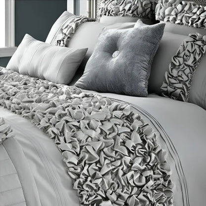 Elegant Bridal Quilt Set Light Grey - 12 Pieces with Free Quilt Filling