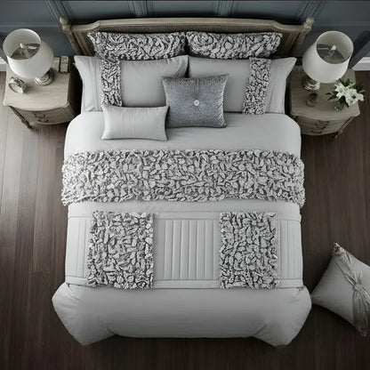 Elegant Bridal Quilt Set Light Grey - 12 Pieces with Free Quilt Filling