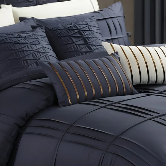 Embellish Pleated Duvet Set - Navy Blue