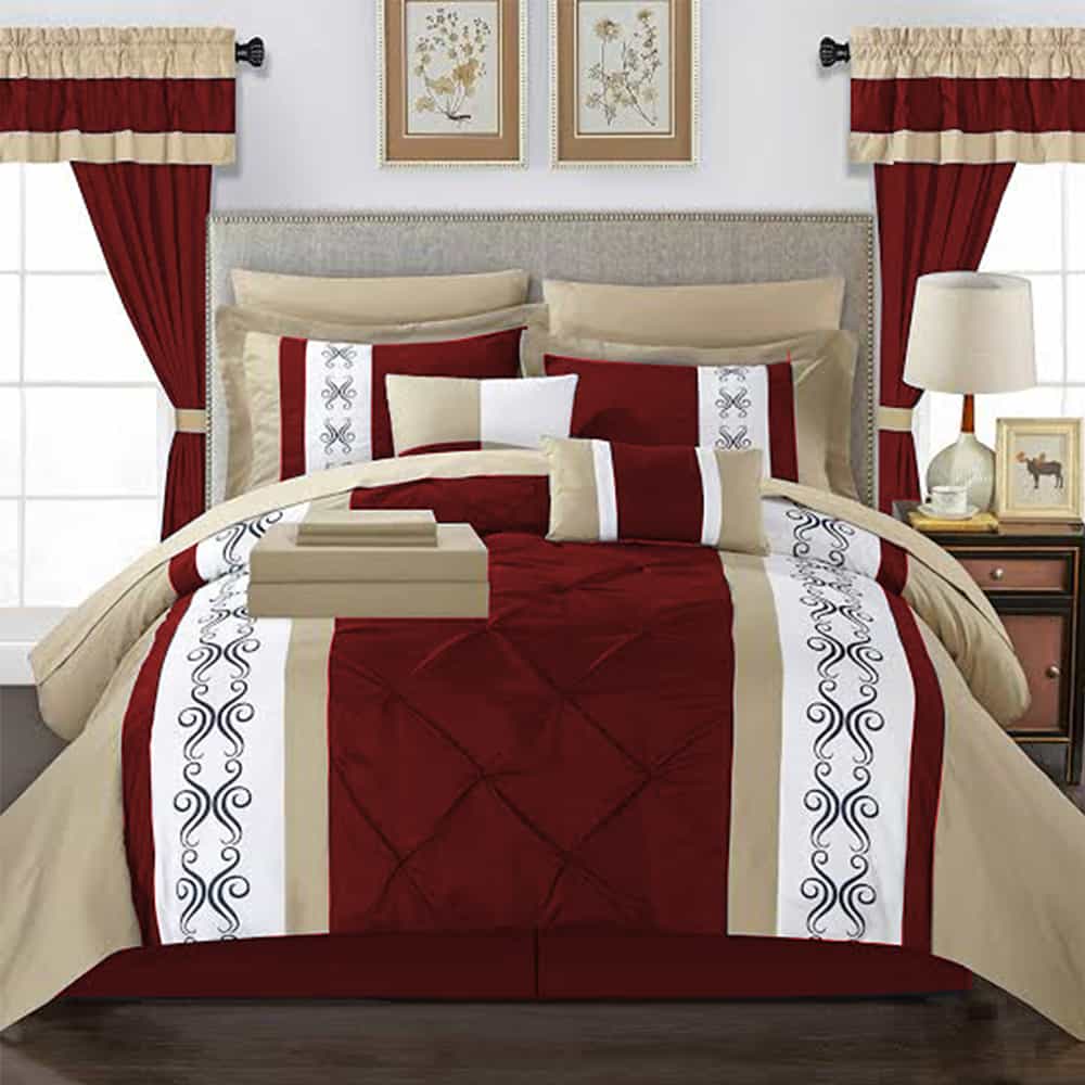 Embroidered Duvet Set - Beige & Red