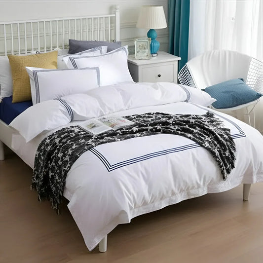 White Duvet Set With Blue Triple Baratta Stitch