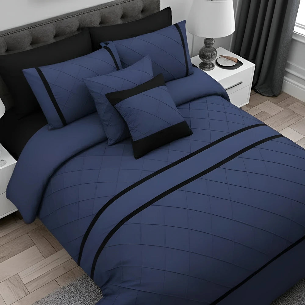 Cross Pleated Duvet Set - Black & Navy Blue