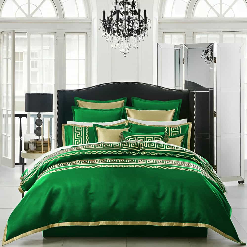 Premium Silk Duvet Set - Green & Golden