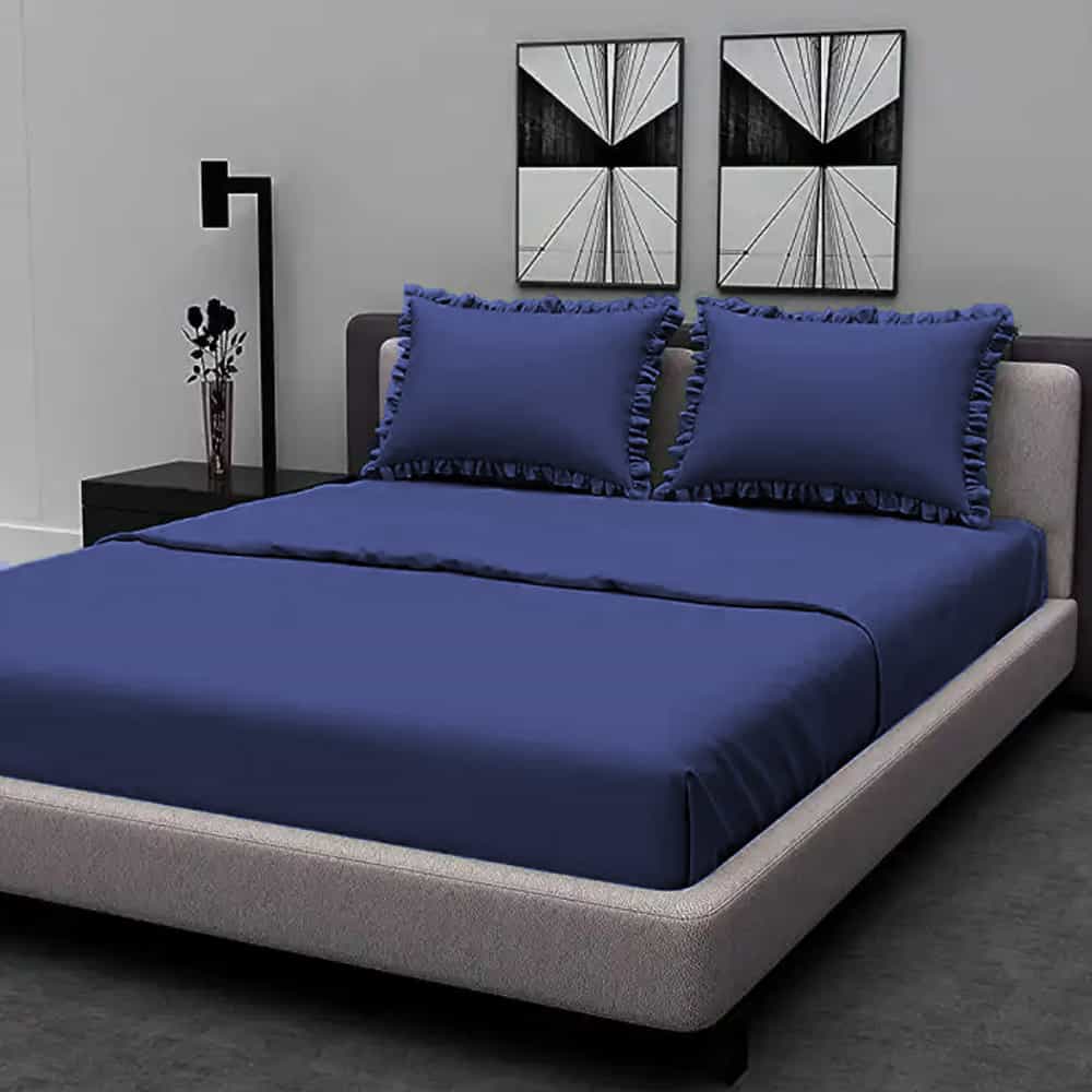 Rich Cotton Fitted Sheet with Ruffle Pillow covers - Navy Blue