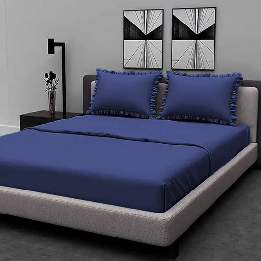 Rich Cotton Fitted Sheet with Ruffle Pillow covers - Navy Blue