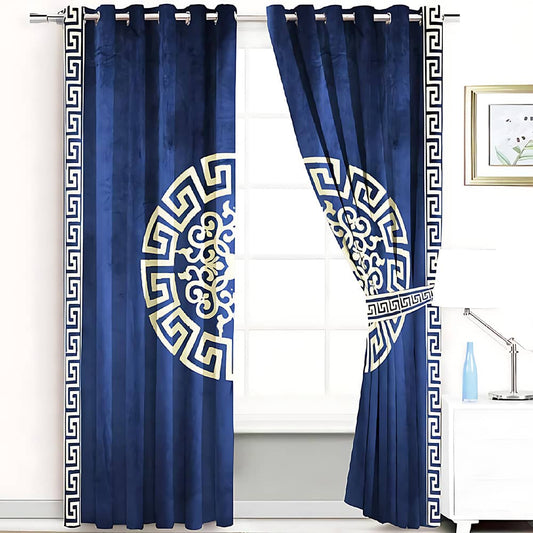 2 Pieces Premium splendid velvet curtain Panels & 2 Belts (Blue & White)