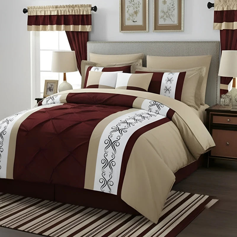 Embroidered Duvet Set - Beige & Maroon