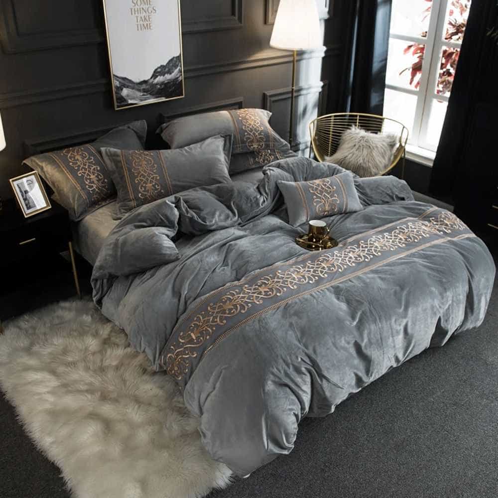 Velvet Embroidered Duvet Set - Grey