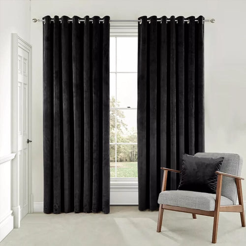 2 Pieces Plain Dyed Velvet Curtains - Black