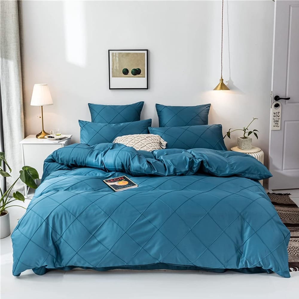 Cross Pleated Duvet Set - Royal Blue
