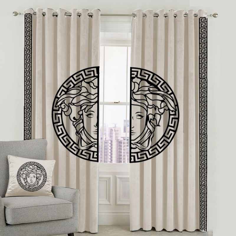 Versace Design Pair Of Velvet Curtains - Off White & Black