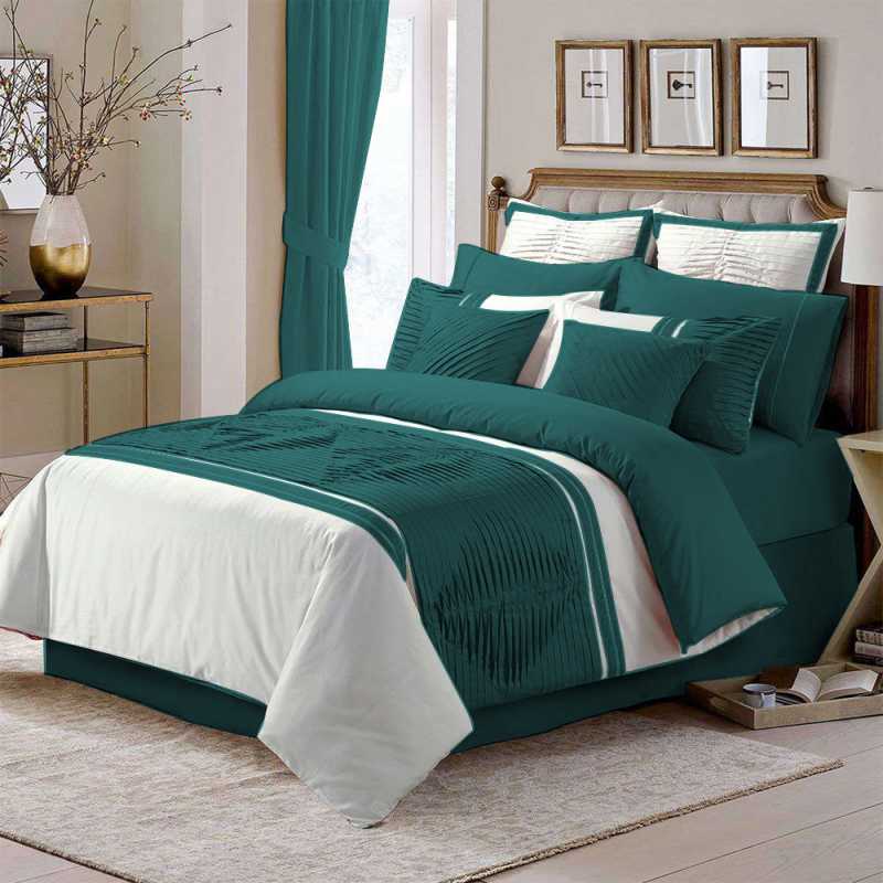 Embellish Pleated Duvet Set - Teal & White