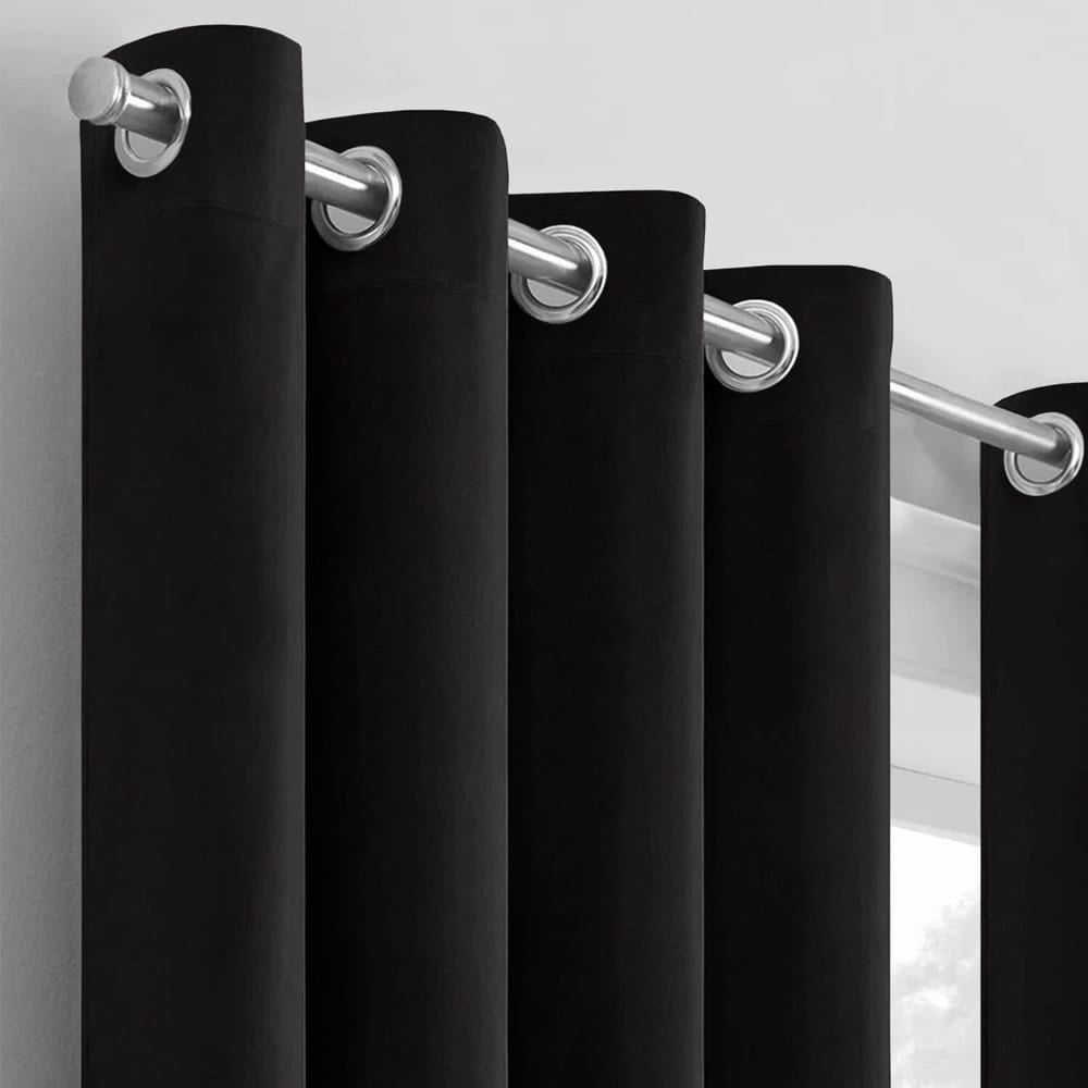 2 Pieces Plain Dyed Velvet Eyelet Curtains - Black