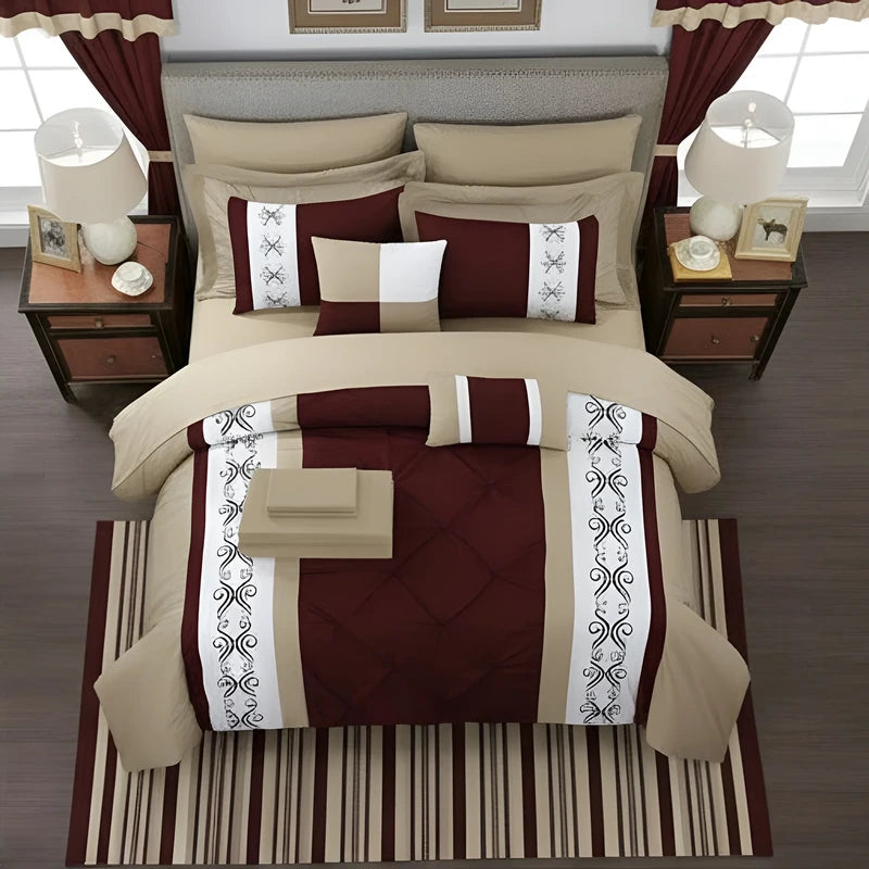 Embroidered Duvet Set - Beige & Maroon