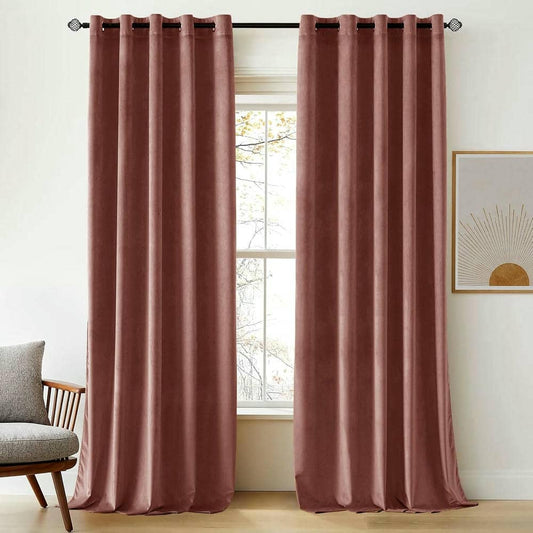 2 Pieces Plain Dyed Velvet Eyelet Curtains - Tea Pink