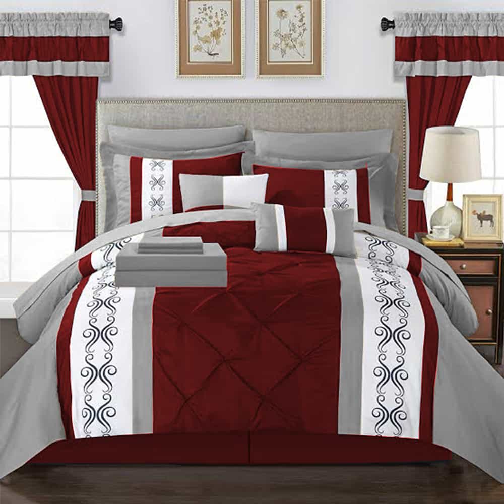 Embroidered Duvet Set - Grey & Red