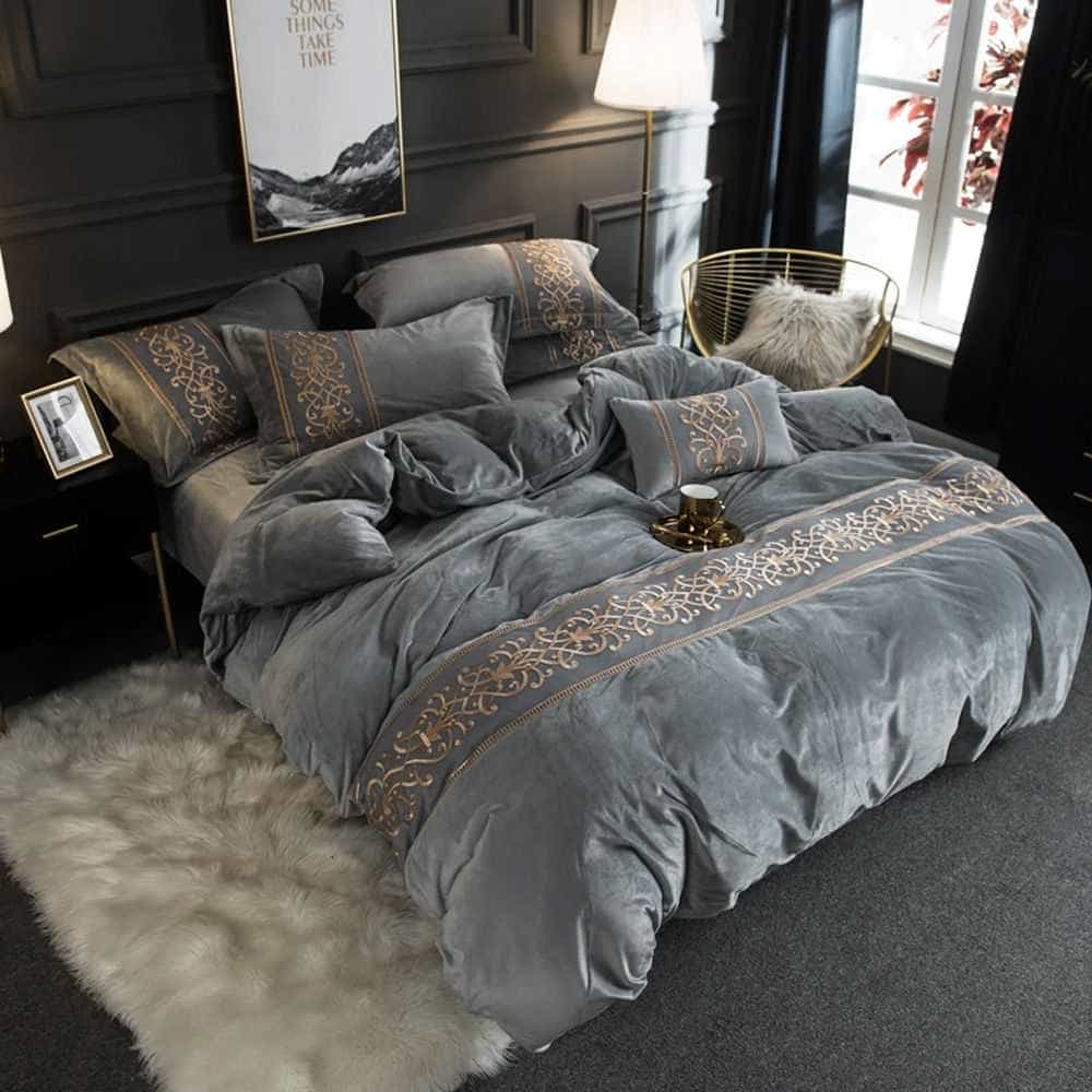 Velvet Embroidered Duvet Set - Grey