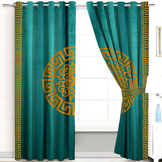 2 Pieces Premium splendid velvet curtain Panels & 2 Belts (Teal & Golden)