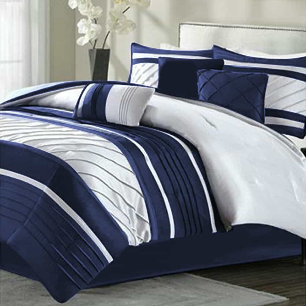 Embellish Pleated Duvet Set - Navy Blue & White