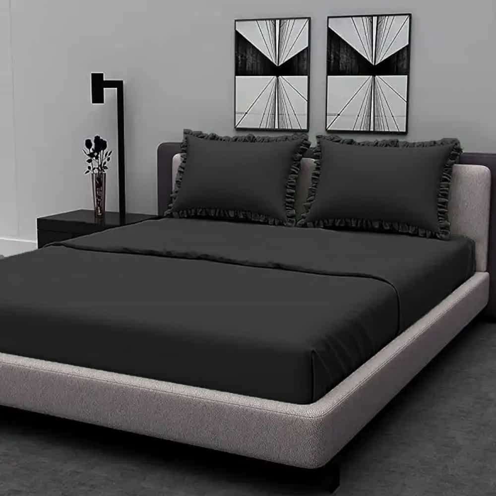 Rich Cotton Fitted Sheet with Ruffle Pillow covers - Black
