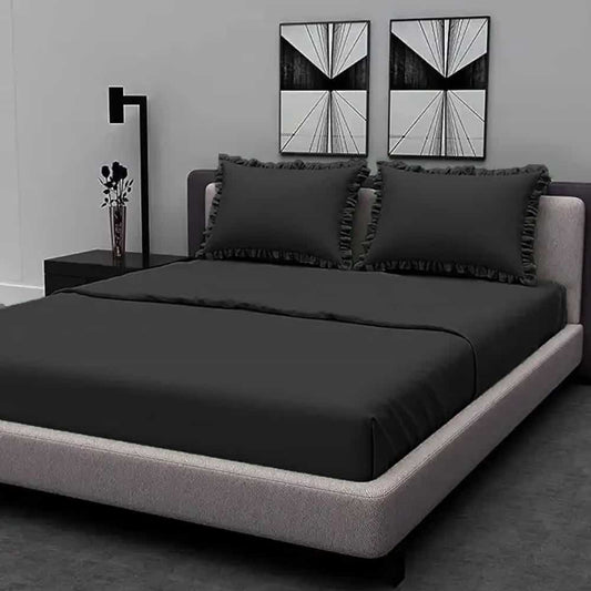 Rich Cotton Fitted Sheet with Ruffle Pillow covers - Black