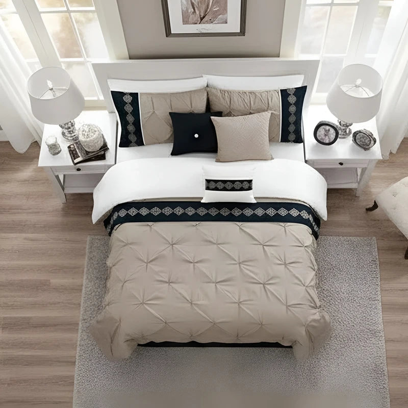 Embroidered Pintuck Duvet Set - Beige