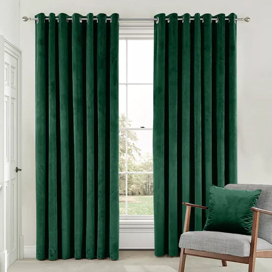 2 Pieces Plain Dyed Velvet Eyelet Curtains - Green