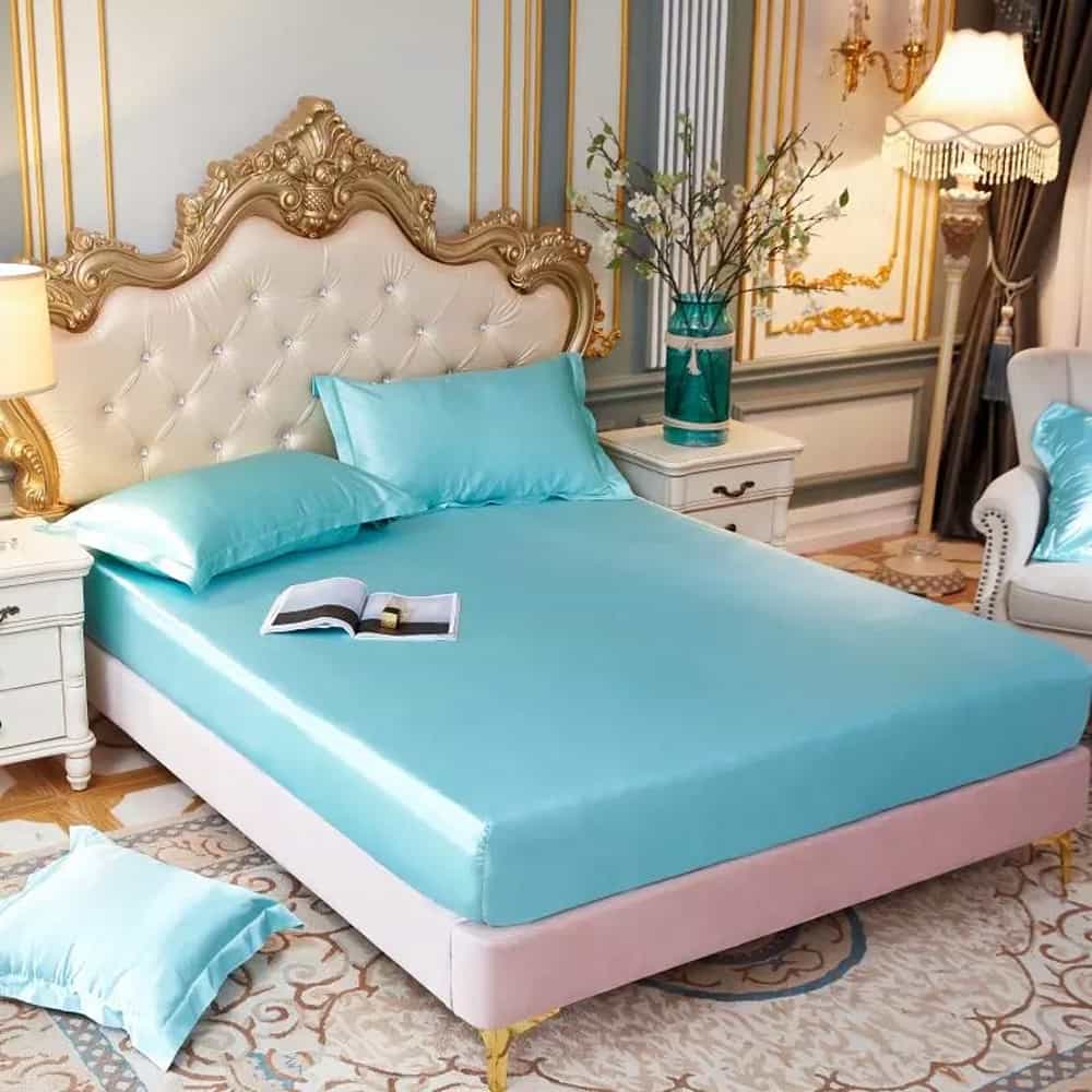 Silk Fitted Sheet with Pillow covers - Cyan