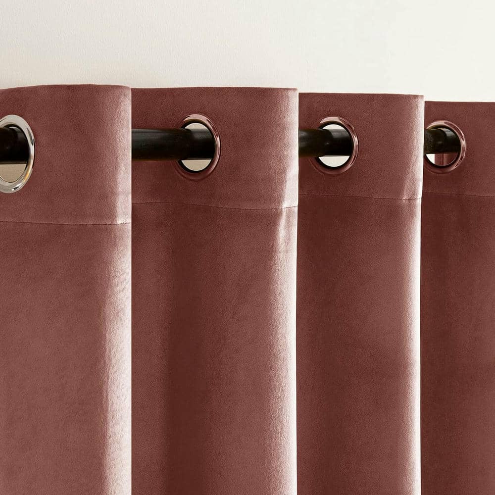 2 Pieces Plain Dyed Velvet Eyelet Curtains - Tea Pink