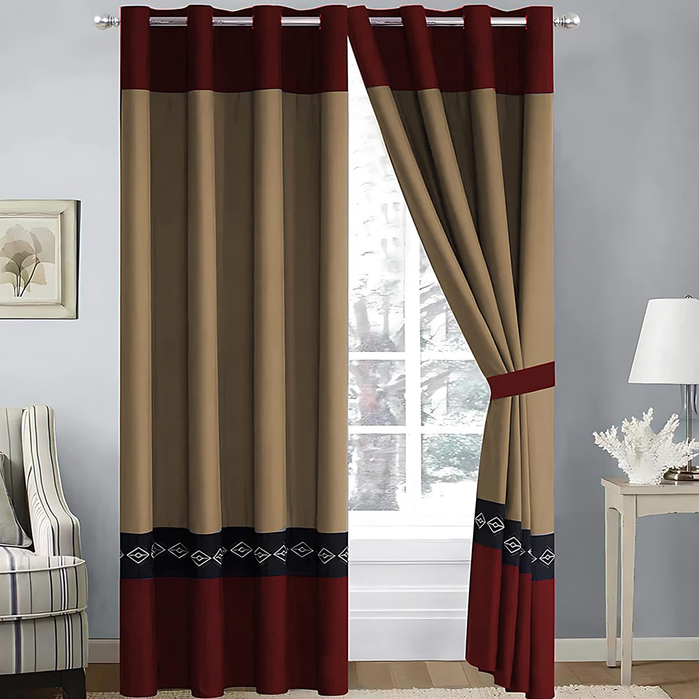 2 Pieces Elegant Embroidered Curtains - Light Brown & Maroon