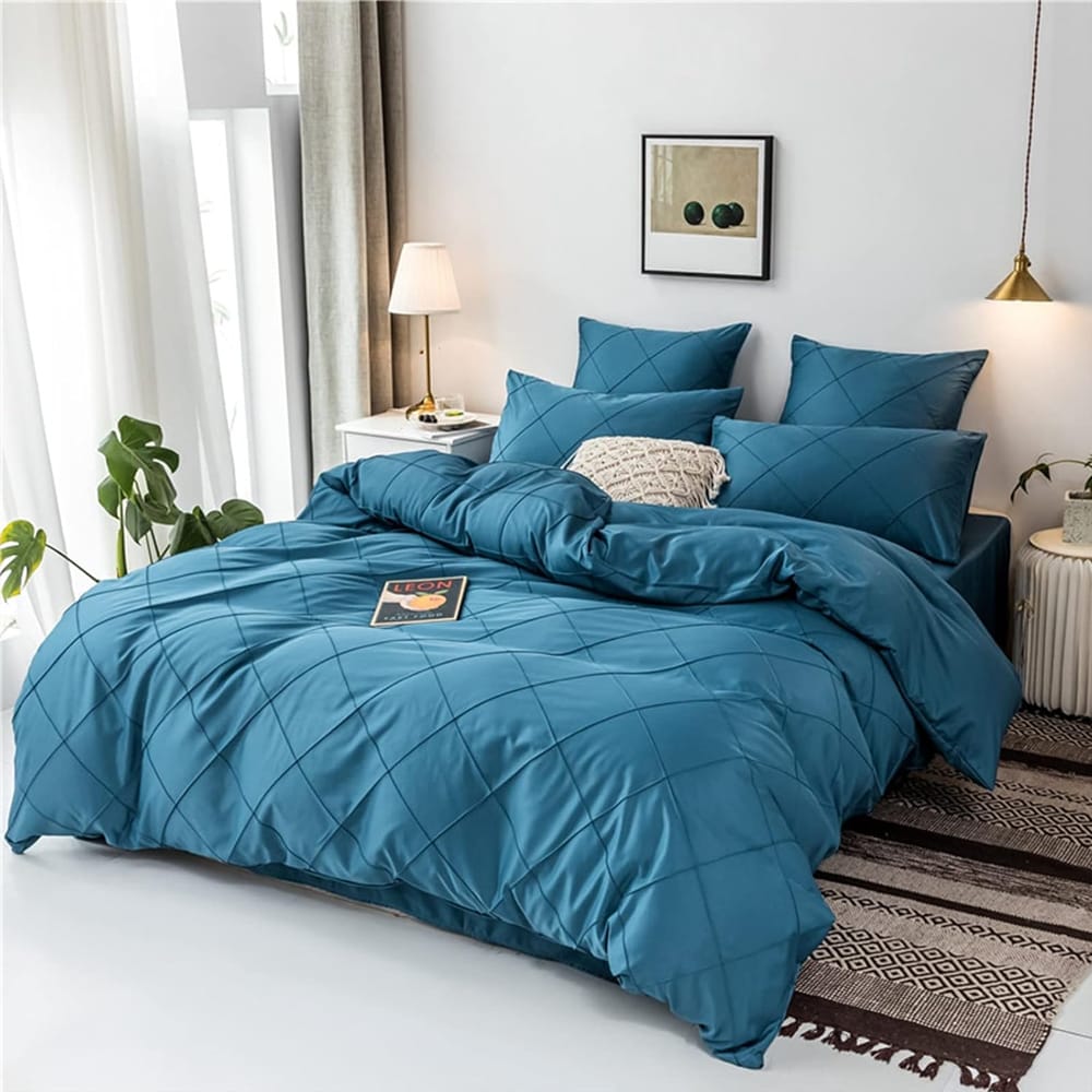 Cross Pleated Duvet Set - Royal Blue