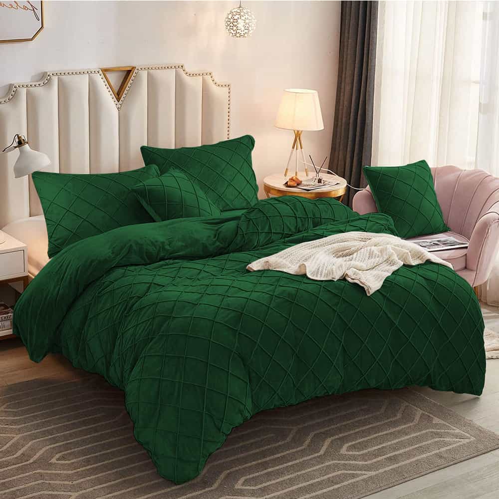 Velvet Cross Pleated Duvet Set - Green