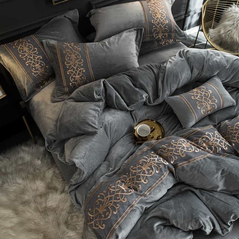 Velvet Embroidered Duvet Set - Grey