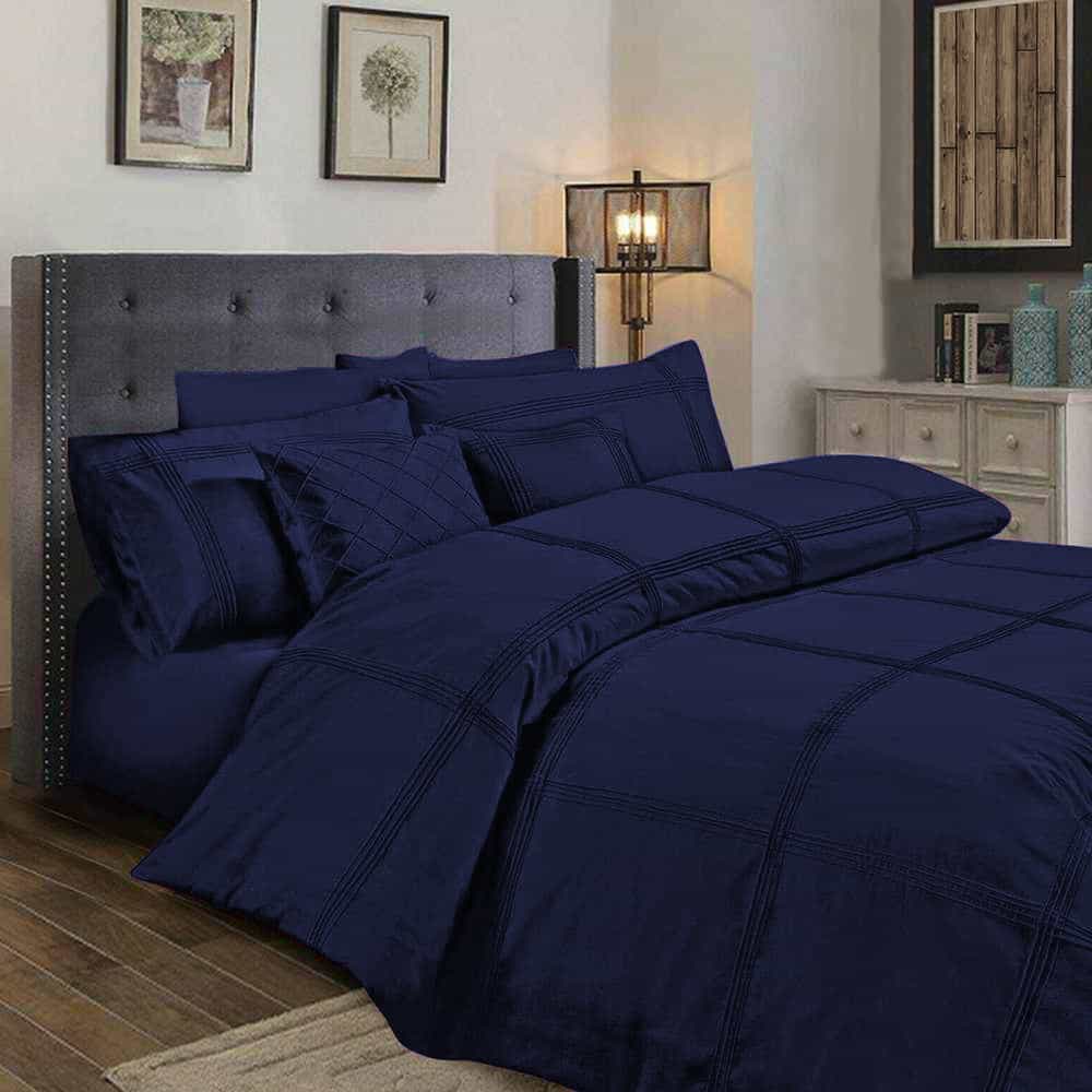 Box Pleated Duvet Set - Navy Blue