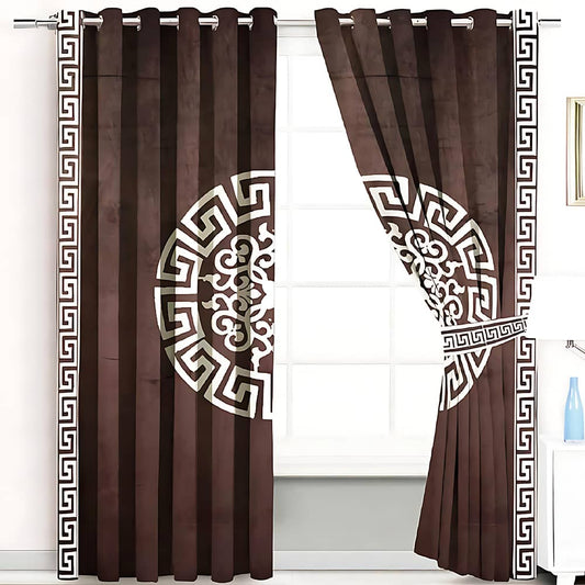 2 Pieces Premium splendid velvet curtain Panels & 2 Belts (Brown & White)