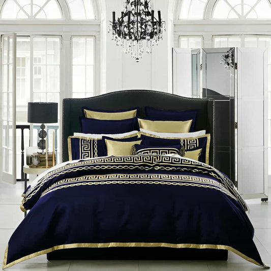 Premium Silk Duvet Set - Navy Blue & Golden