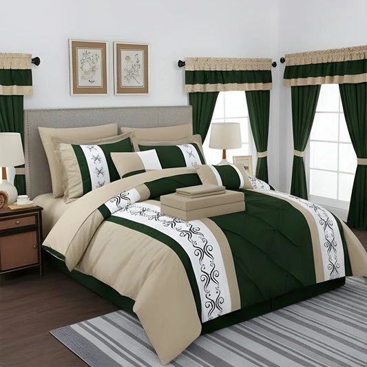 Embroidered Duvet Set - Beige & Green