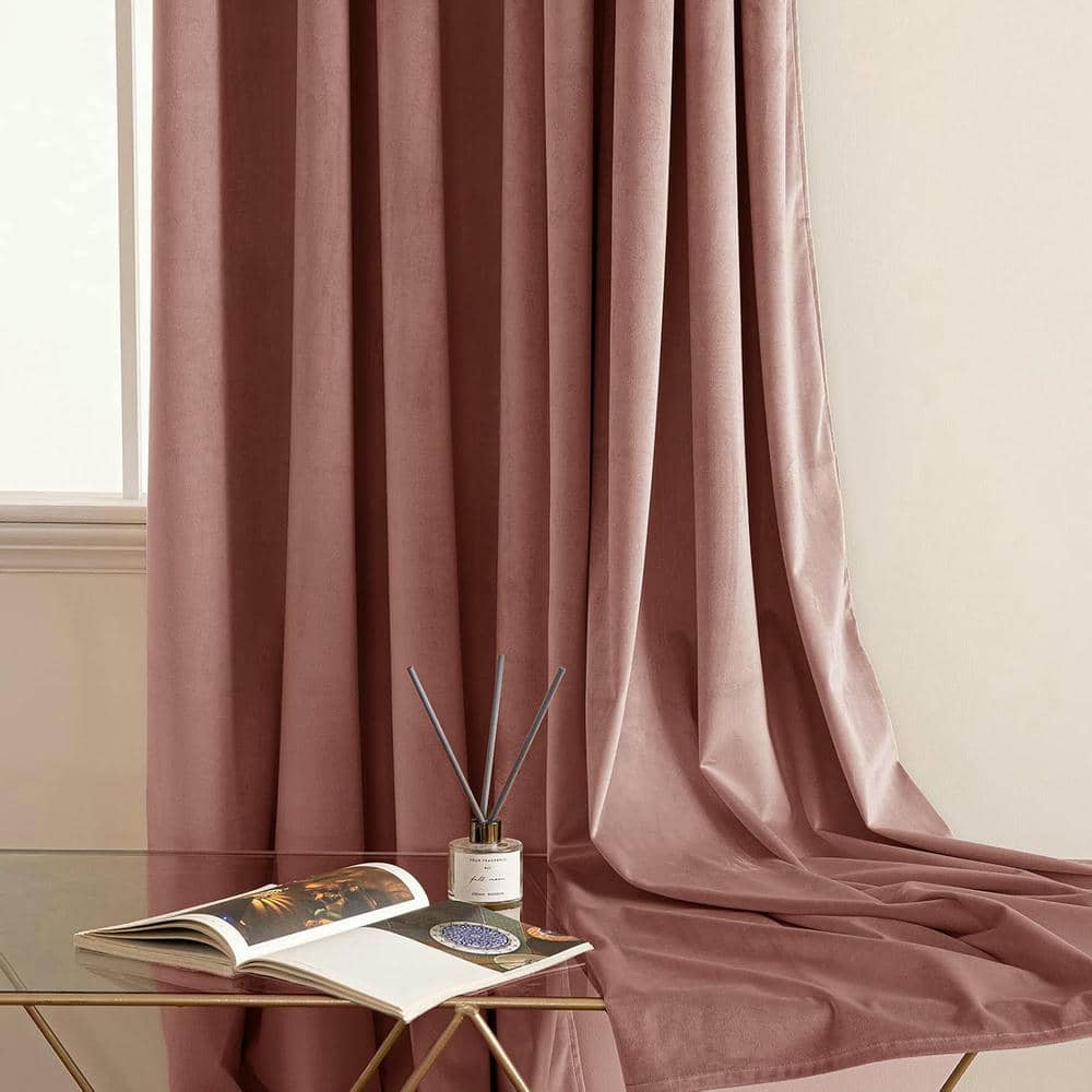 2 Pieces Plain Dyed Velvet Eyelet Curtains - Tea Pink