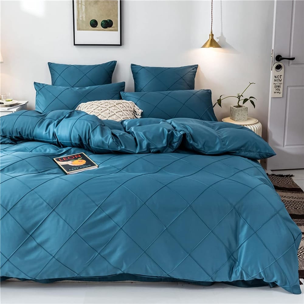 Cross Pleated Duvet Set - Royal Blue